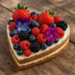 heart shaped naked cake with berries and flowers