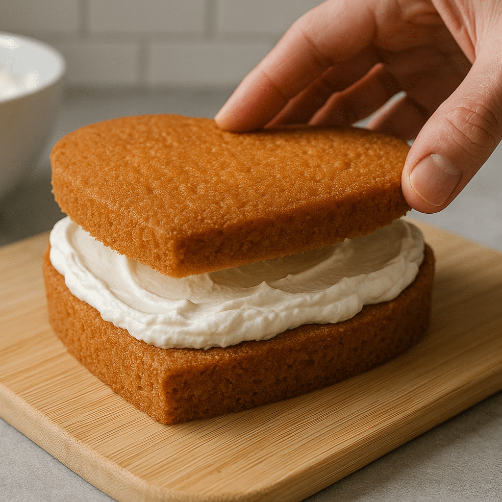 assembling heart shaped naked cake layers
