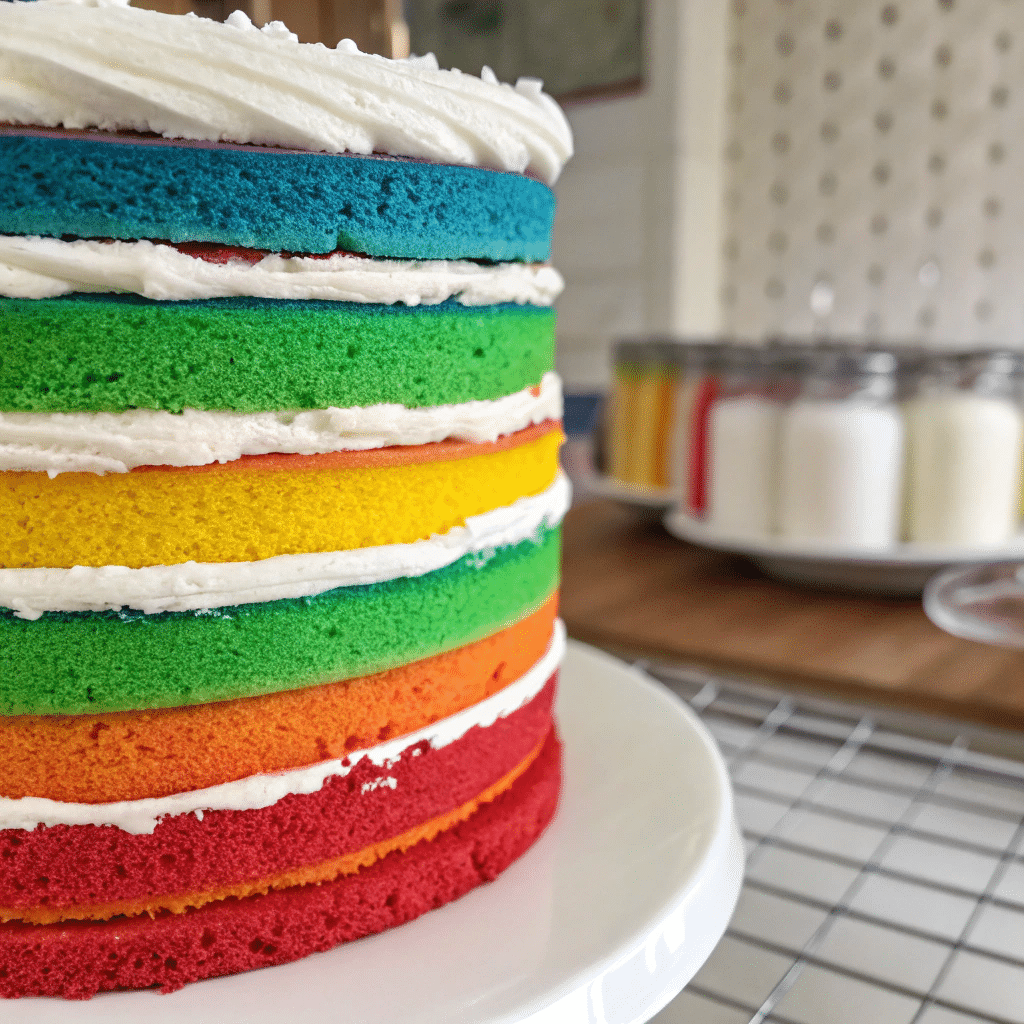 Assembling a Rainbow Naked Cake with colorful layers