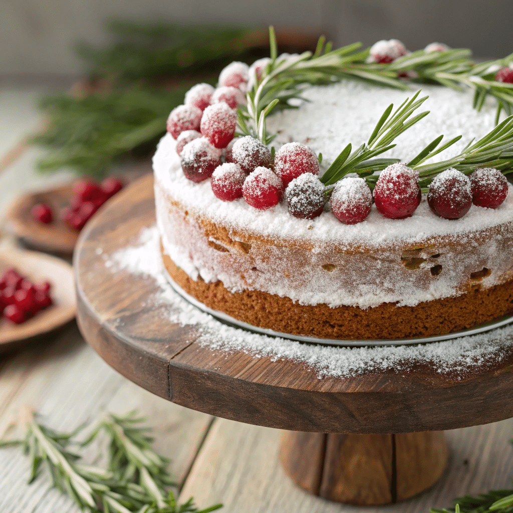 christmas naked cake with cranberries and rosemary