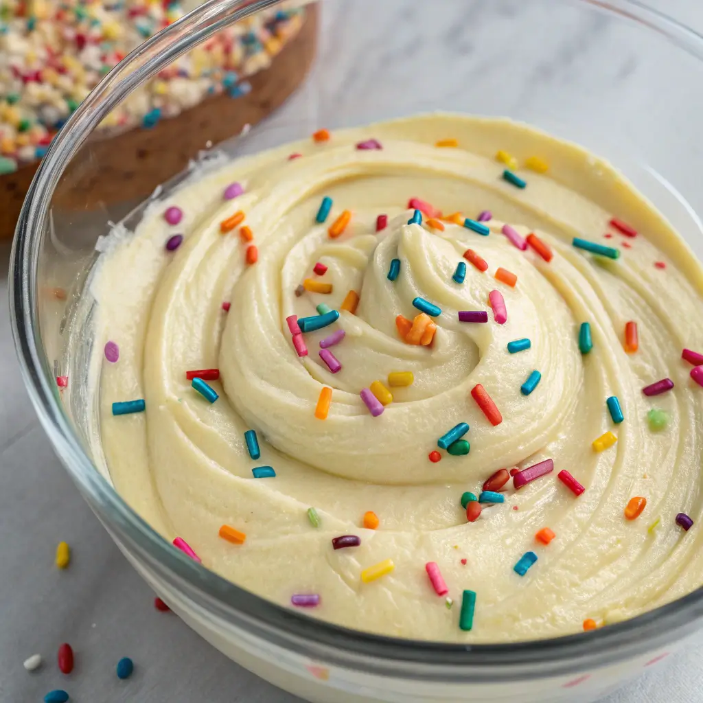 Confetti cake batter with colorful sprinkles before baking
