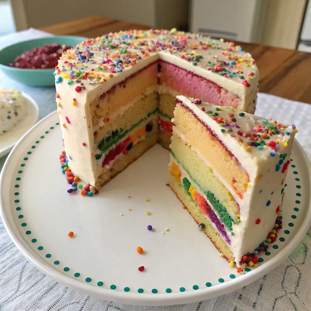 Slice of confetti naked cake with colorful interior
