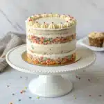 Confetti naked cake with rainbow sprinkles and vanilla buttercream