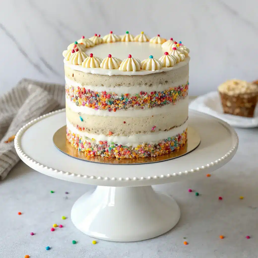 Confetti naked cake with rainbow sprinkles and vanilla buttercream