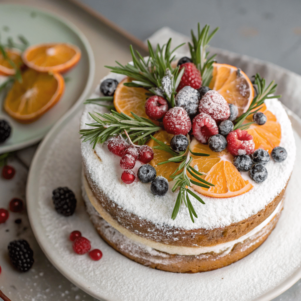 christmas naked cake decorated with rosemary and oranges