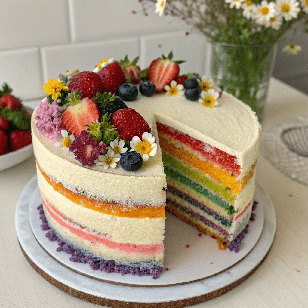 Decorated Rainbow Naked Cake with flowers and fruit