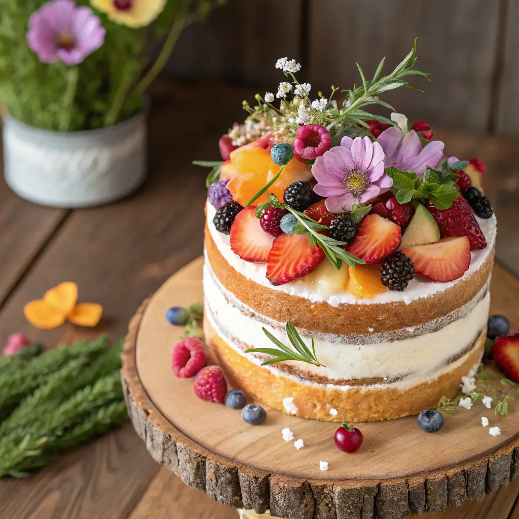 Decorated sugar-free naked cake with fruit and flowers