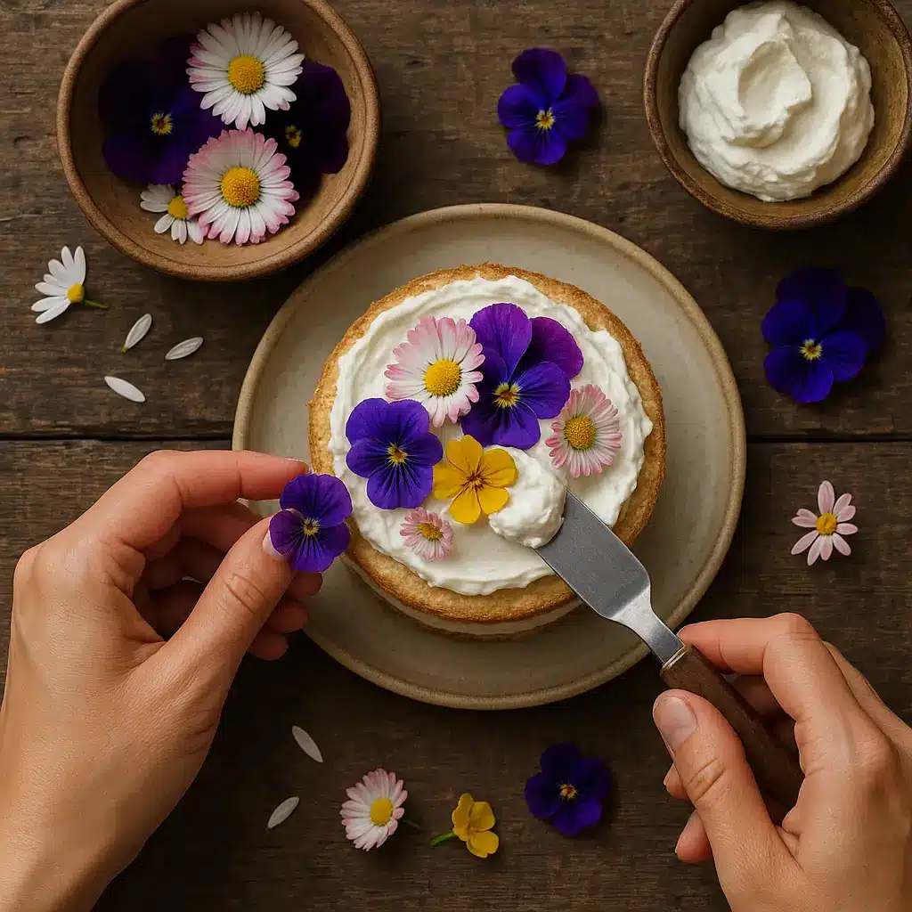 Decorating a mini naked cake with flowers