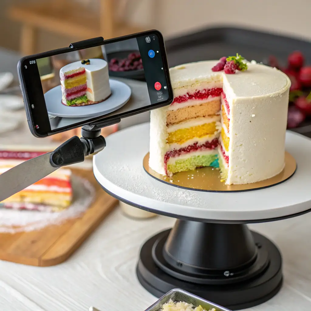 Frosting a confetti naked cake with visible colorful layers