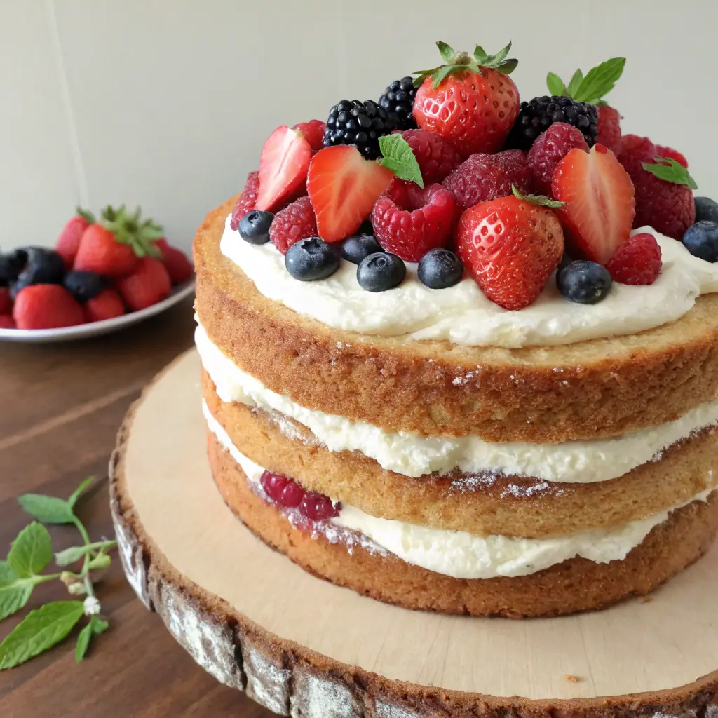 gluten-free naked cake with berries and cream