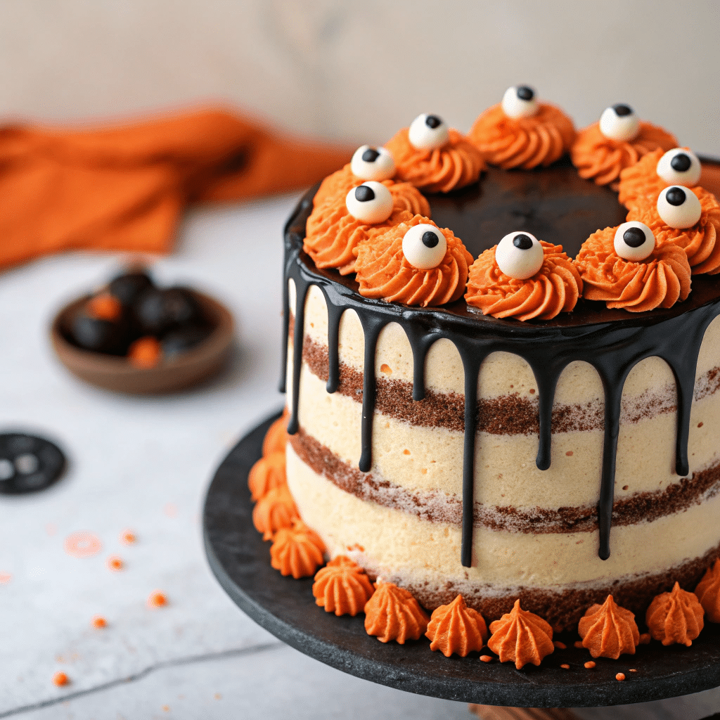 Halloween Naked Cake with spooky eyeballs and black ganache