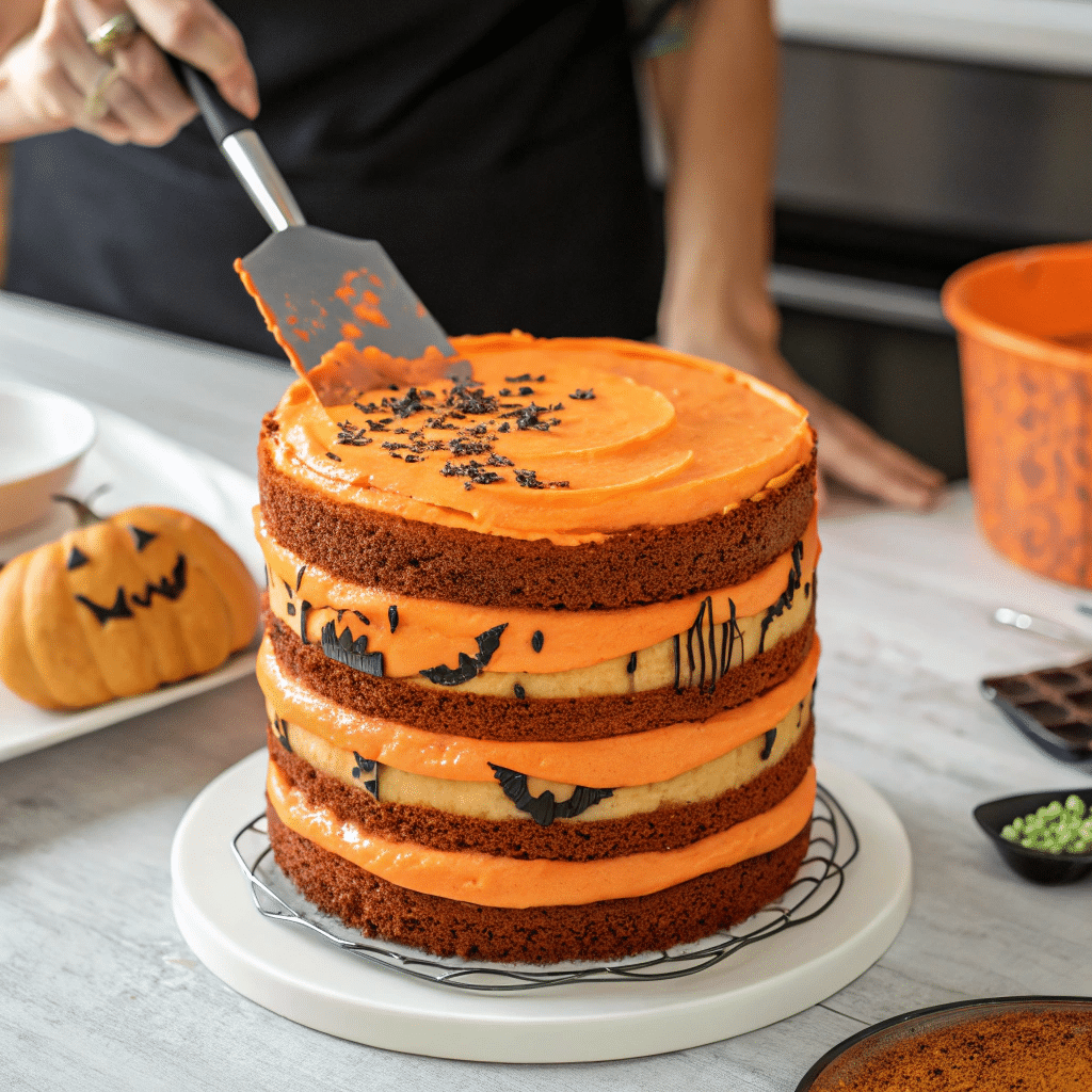 Layering a Halloween naked cake with colorful frosting