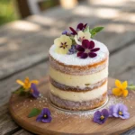 Mini naked cake with edible flower topping and rustic layers
