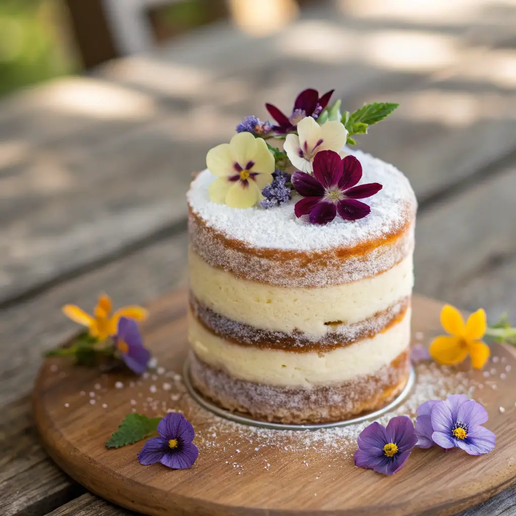 Mini naked cake with edible flower topping and rustic layers