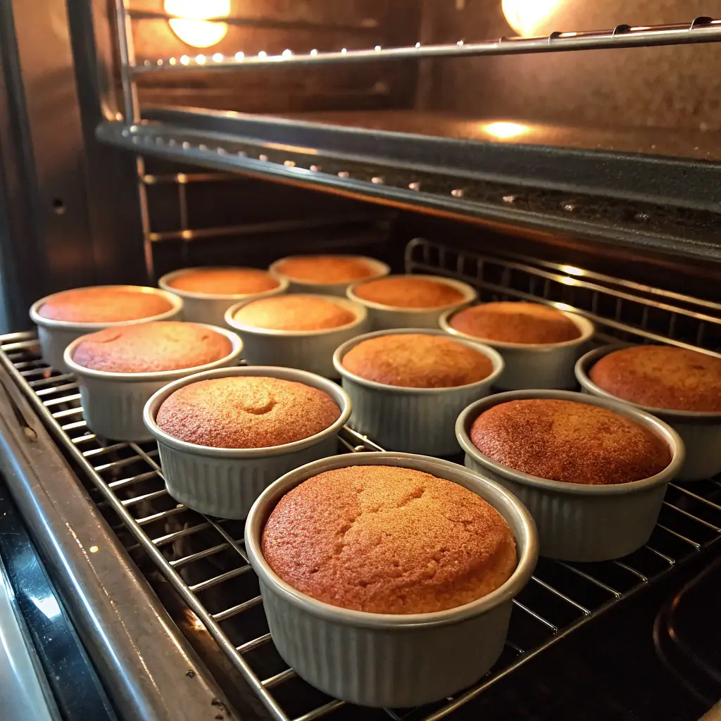 Mini naked cakes rising in oven in small cake pans