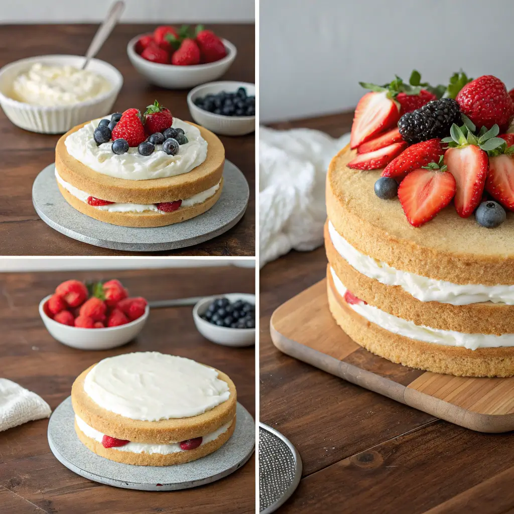 assembling mother’s day naked cake layers with cream and fruits