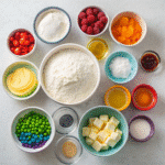 Rainbow Naked Cake ingredients arranged for baking