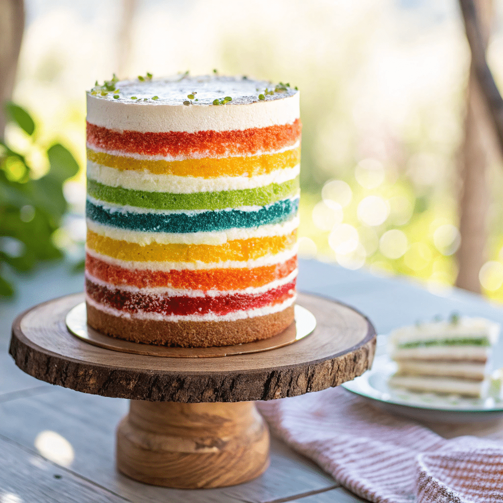 Rainbow Naked Cake with colorful layers and rustic buttercream