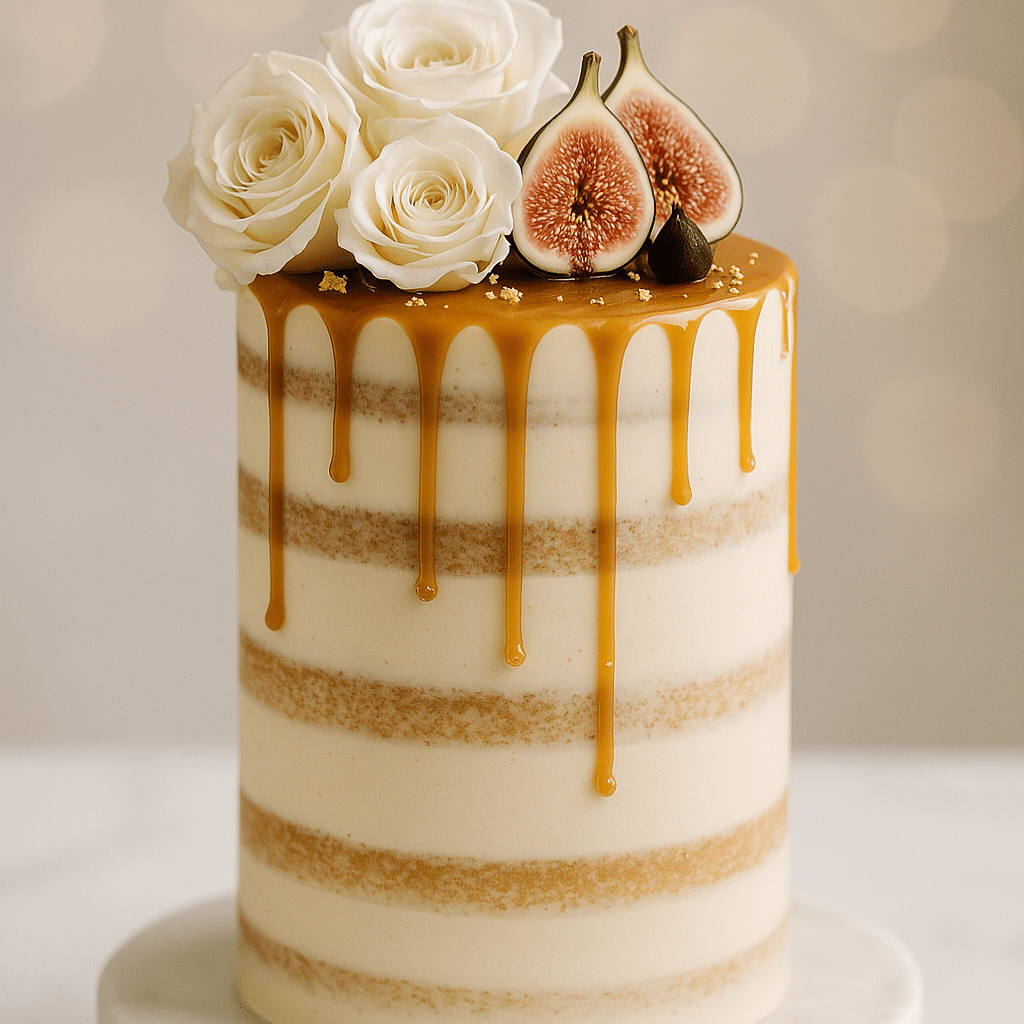 Salted caramel naked cake with vanilla sponge, caramel frosting, and caramel drip, topped with white roses and figs.