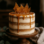 Salted caramel naked cake with vanilla sponge, caramel frosting, and caramel drip, topped with white roses and figs.