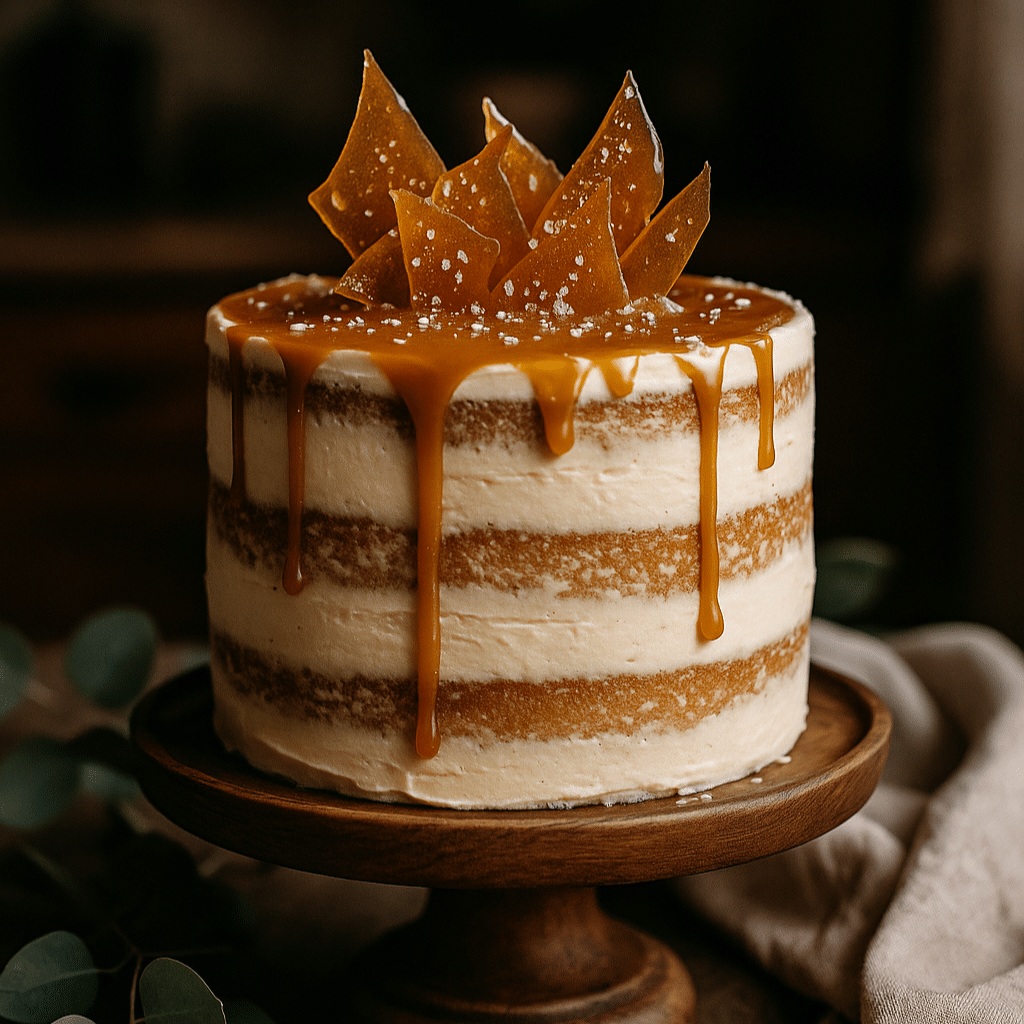 Salted caramel naked cake with vanilla sponge, caramel frosting, and caramel drip, topped with white roses and figs.