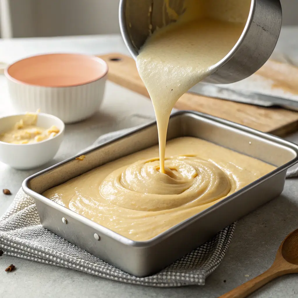 Pouring sugar-free naked cake batter into pan
