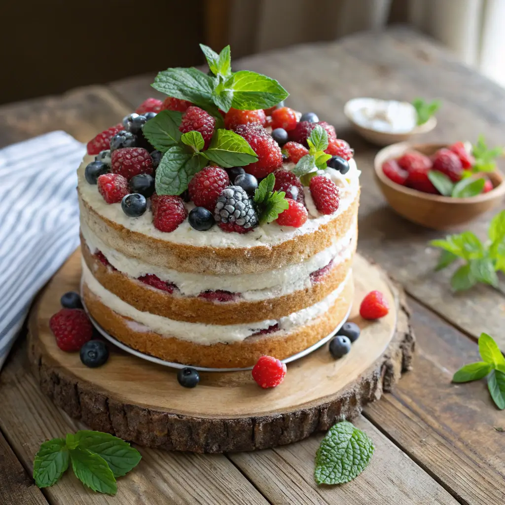 Sugar-free naked cake layered with monk fruit frosting
