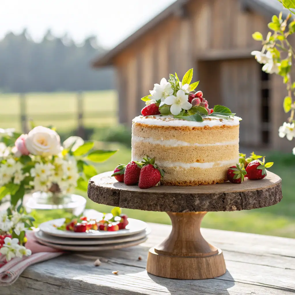 vanilla naked cake topped with flowers and strawberries